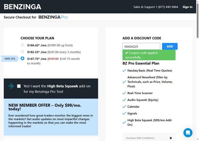Benzinga checkout page showing Benzinga coupon code box | Screenshot taken by SimplyCodes community member on Aug 13, 2025