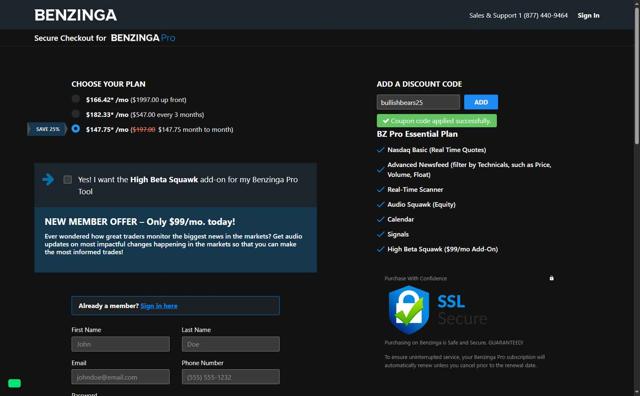 Benzinga Pro checkout page showing Benzinga Pro coupon code box | Screenshot taken by SimplyCodes community member on Aug 18, 2025