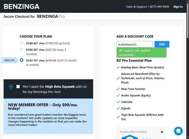 Benzinga Pro checkout page showing Benzinga Pro coupon code box | Screenshot taken by SimplyCodes community member on Aug 18, 2025