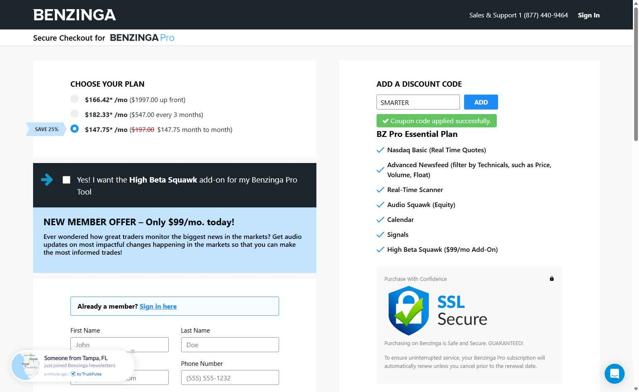 Benzinga Pro checkout page showing Benzinga Pro coupon code box | Screenshot taken by SimplyCodes community member on Jul 29, 2025