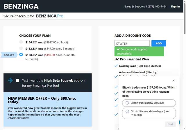 Benzinga Pro checkout page showing Benzinga Pro coupon code box | Screenshot taken by SimplyCodes community member on Jun 18, 2025