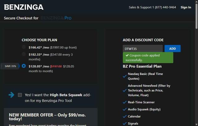 Benzinga Pro checkout page showing Benzinga Pro coupon code box | Screenshot taken by SimplyCodes community member on Jun 18, 2025
