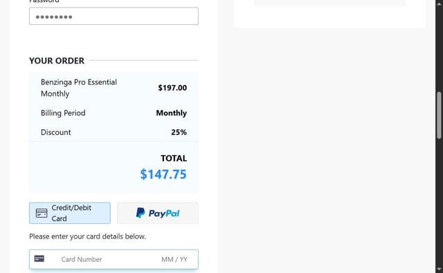 Benzinga Pro checkout page showing Benzinga Pro coupon code box | Screenshot taken by SimplyCodes community member on Aug 27, 2025