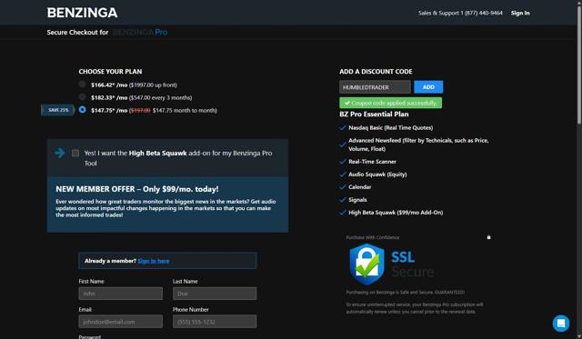 Benzinga Pro checkout page showing Benzinga Pro coupon code box | Screenshot taken by SimplyCodes community member on Aug 12, 2025