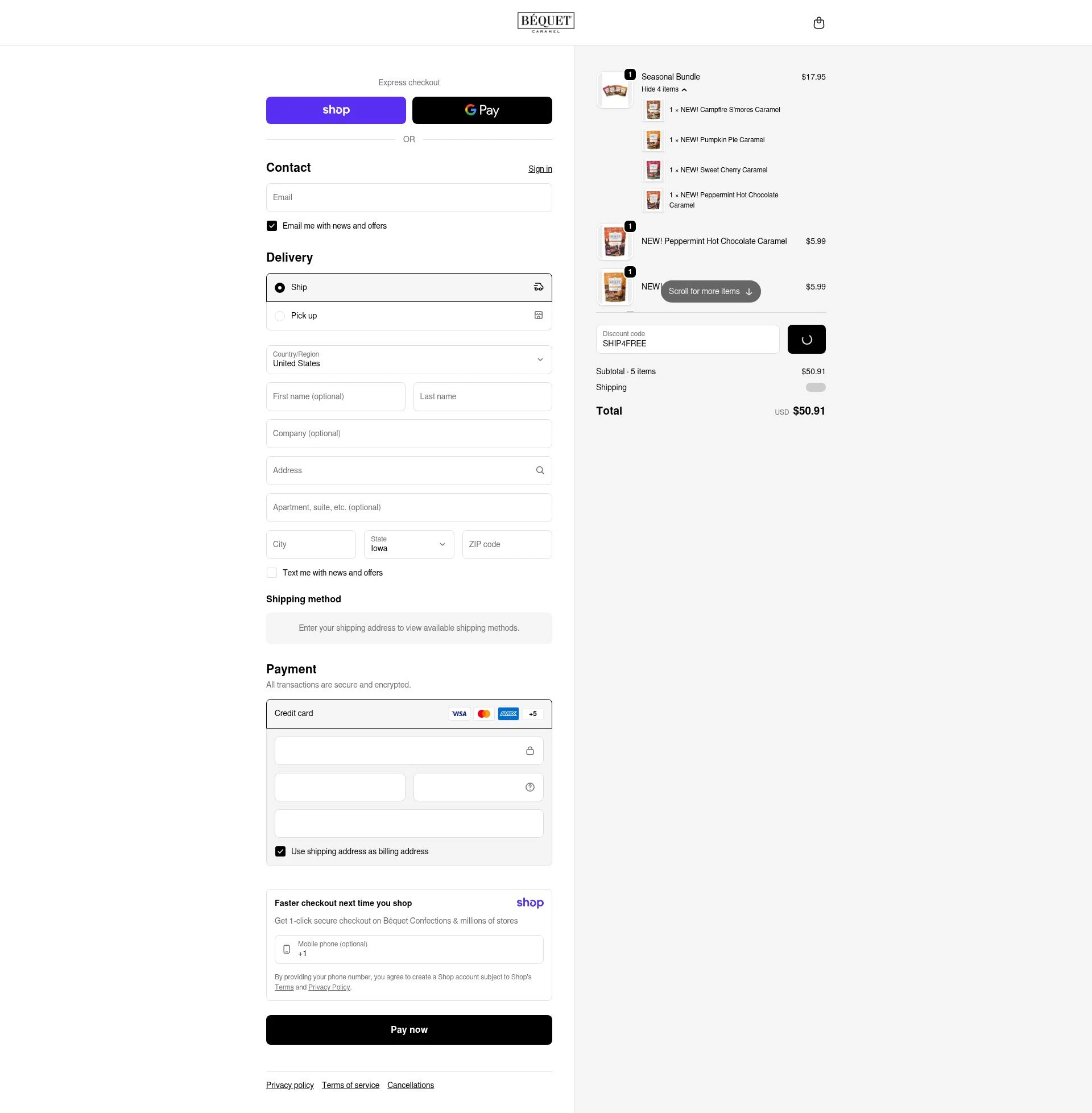 Bequet Confections checkout page showing Bequet Confections coupon code box | Screenshot taken by SimplyCodes community member on Jan 8, 2026