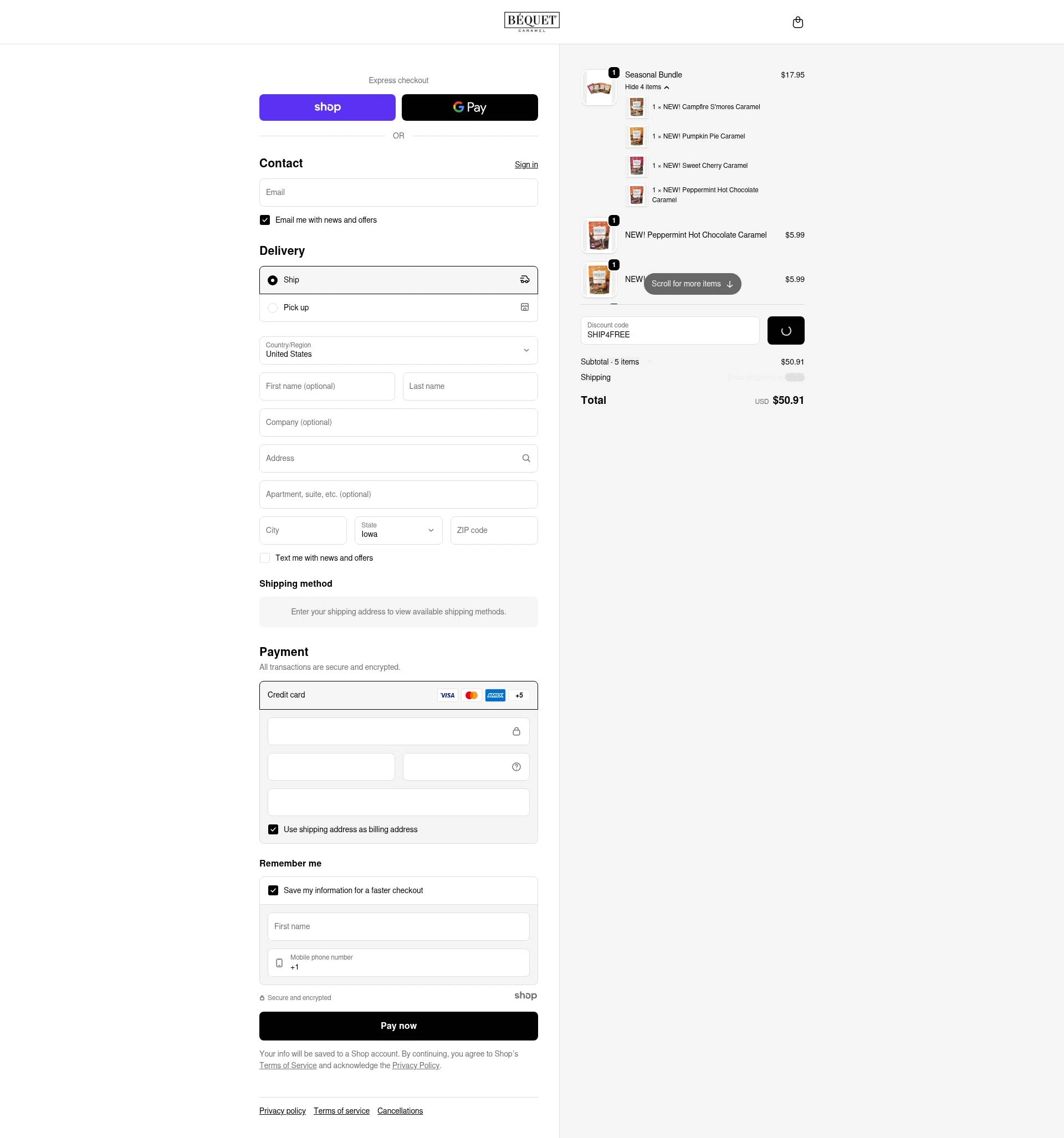 Bequet Confections checkout page showing Bequet Confections coupon code box | Screenshot taken by SimplyCodes community member on Jan 3, 2026