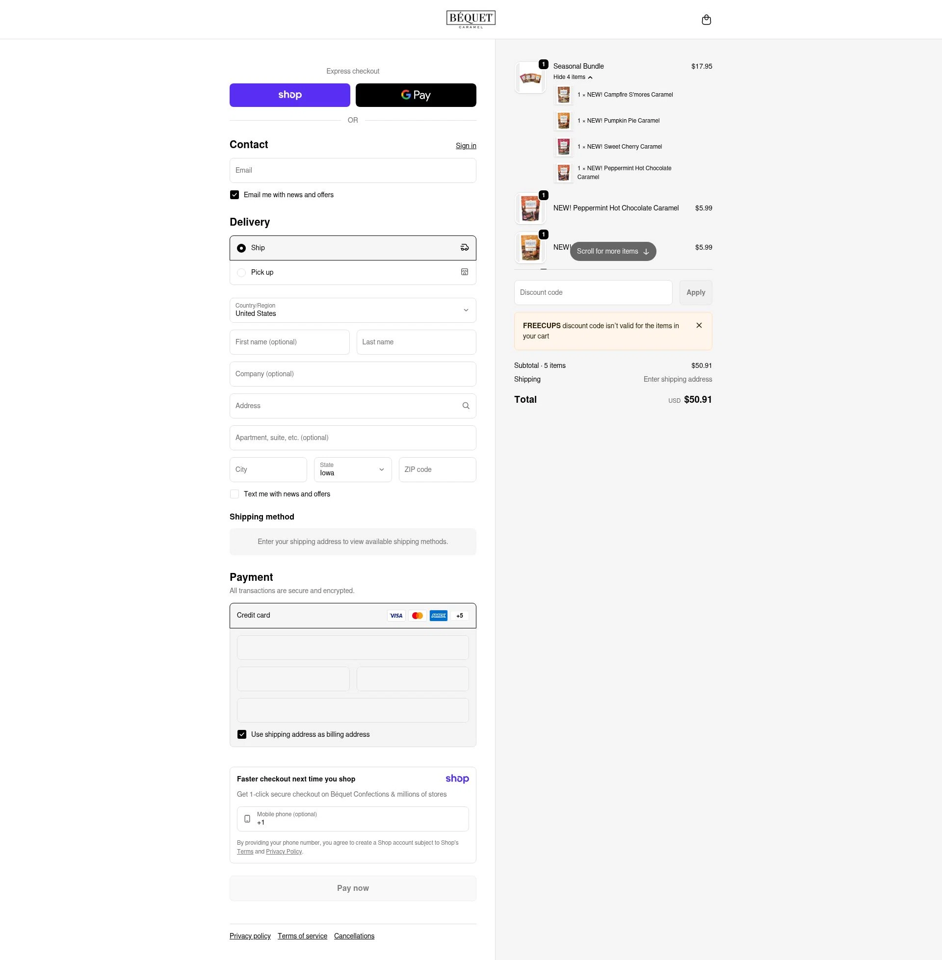 Bequet Confections checkout page showing Bequet Confections coupon code box | Screenshot taken by SimplyCodes community member on Jan 8, 2026