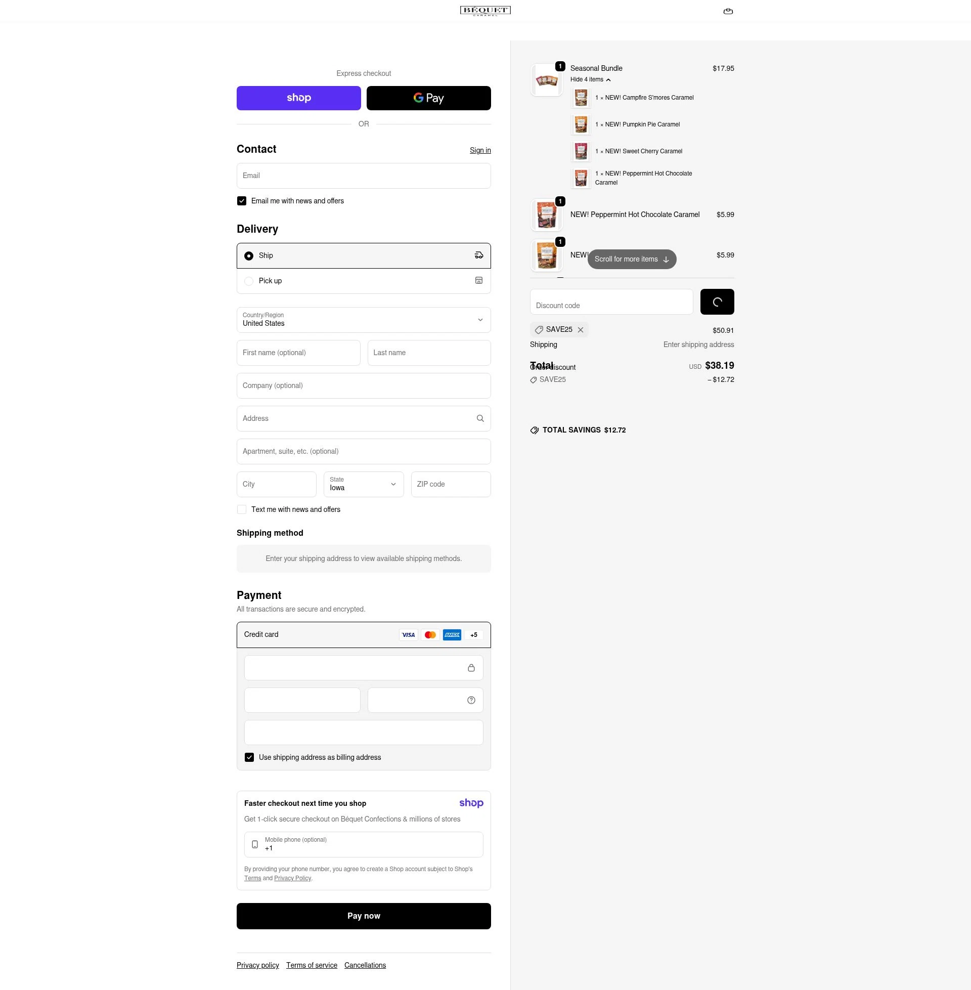 Bequet Confections checkout page showing Bequet Confections coupon code box | Screenshot taken by SimplyCodes community member on Jan 8, 2026