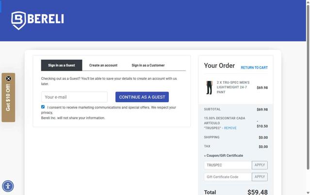 Bereli checkout page showing Bereli coupon code box | Screenshot taken by SimplyCodes community member on Aug 30, 2025