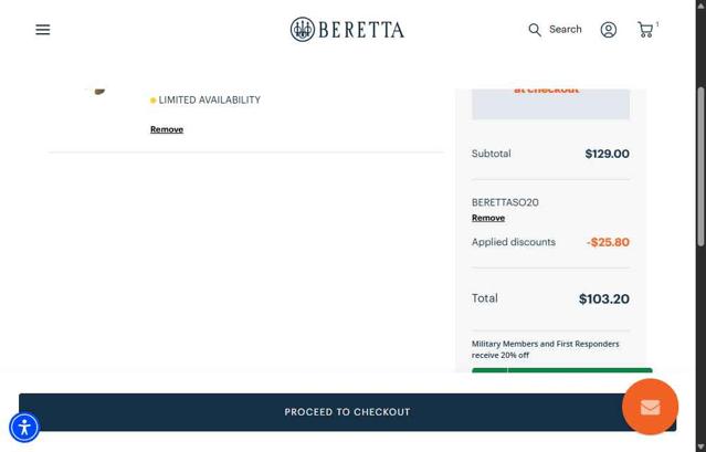 Beretta checkout page showing Beretta promo code box | Screenshot taken by SimplyCodes community member on Sep 15, 2025
