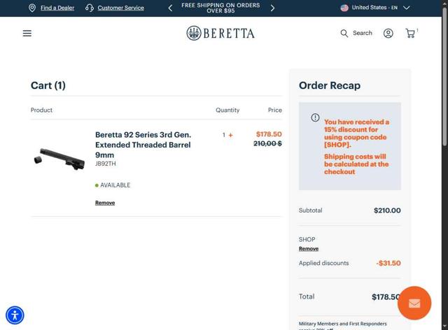 Beretta checkout page showing Beretta promo code box | Screenshot taken by SimplyCodes community member on Aug 14, 2025
