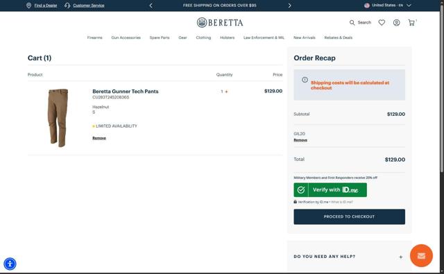 Beretta checkout page showing Beretta promo code box | Screenshot taken by SimplyCodes community member on Sep 15, 2025