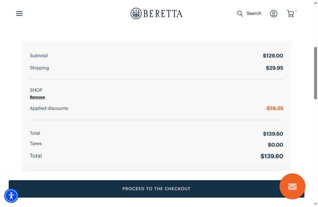 Beretta checkout page showing Beretta promo code box | Screenshot taken by SimplyCodes community member on Sep 5, 2025