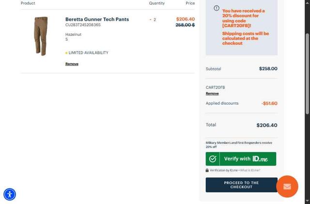 Beretta checkout page showing Beretta promo code box | Screenshot taken by SimplyCodes community member on Sep 5, 2025