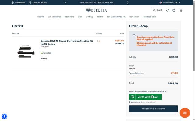 Beretta checkout page showing Beretta promo code box | Screenshot taken by SimplyCodes community member on Sep 15, 2025