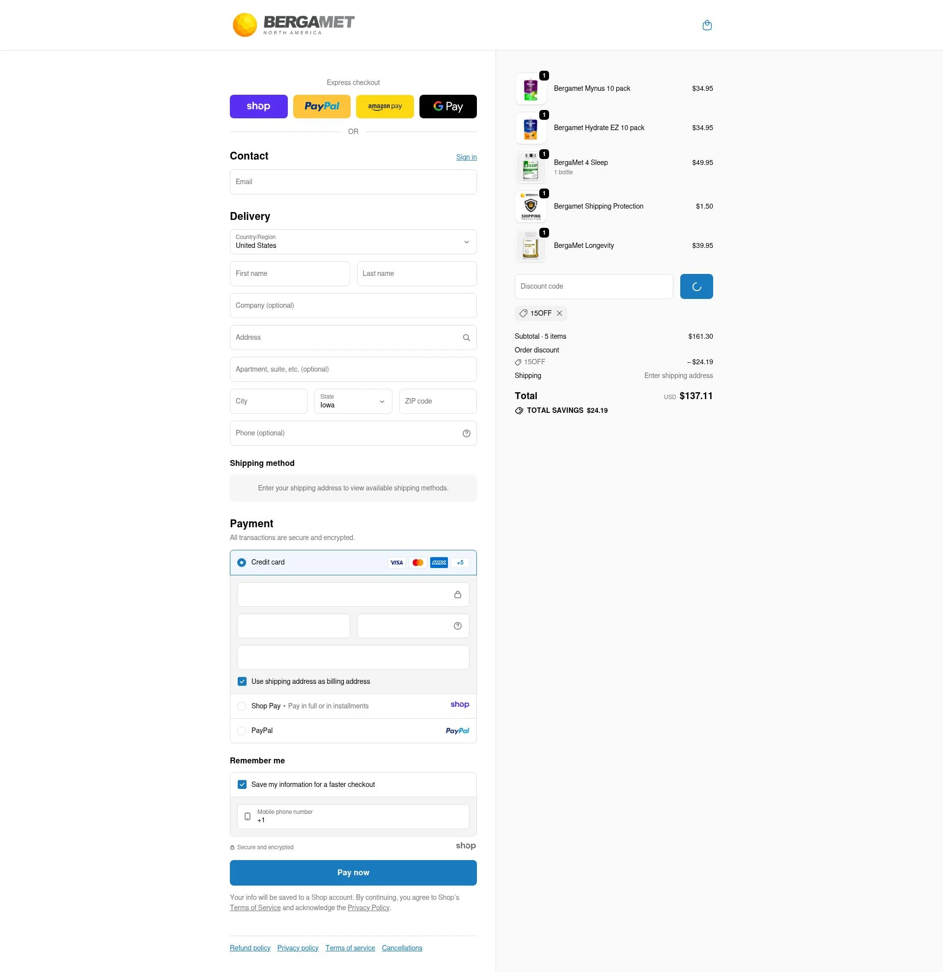 BergaMet North America checkout page showing BergaMet North America promo code box | Screenshot taken by SimplyCodes community member on Jan 7, 2026