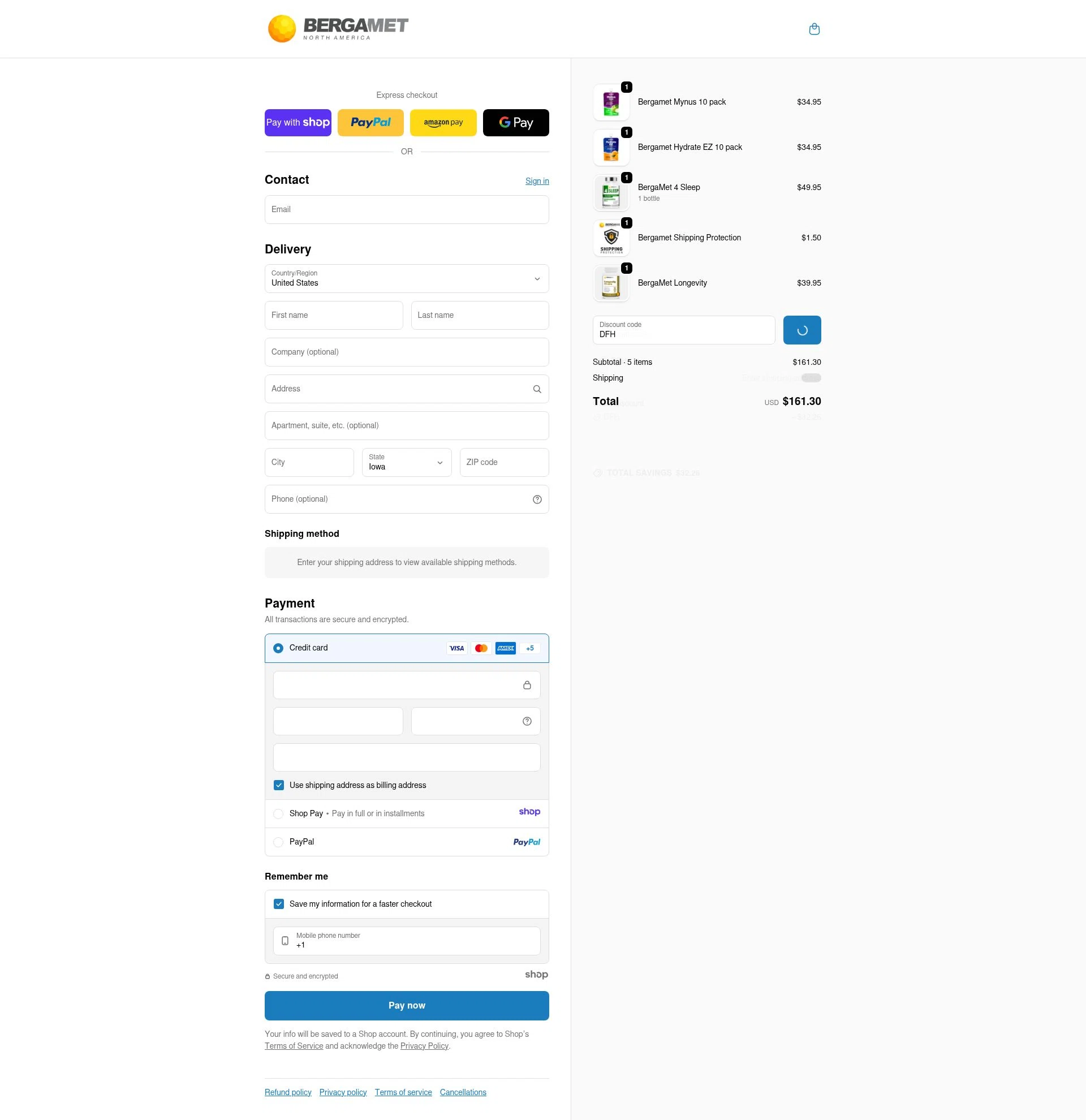 BergaMet North America checkout page showing BergaMet North America promo code box | Screenshot taken by SimplyCodes community member on Jan 7, 2026