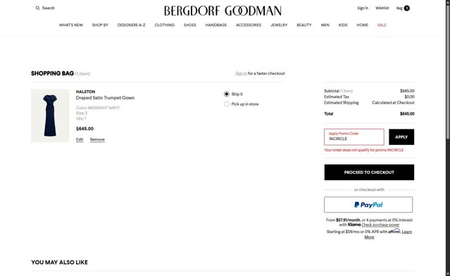 Bergdorf Goodman checkout page showing Bergdorf Goodman promo code box | Screenshot taken by SimplyCodes community member on Aug 4, 2025