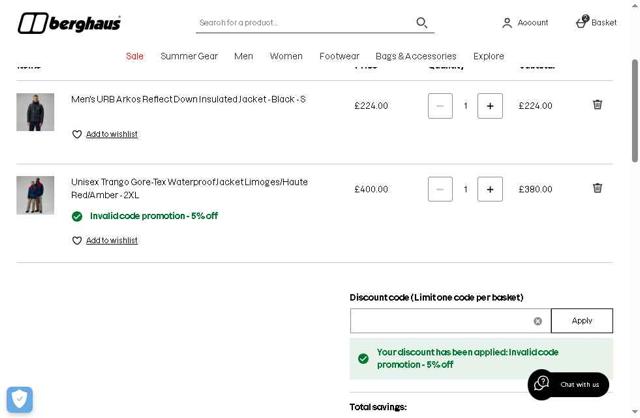 Berghaus checkout page showing Berghaus discount code box | Screenshot taken by SimplyCodes community member on Aug 16, 2025