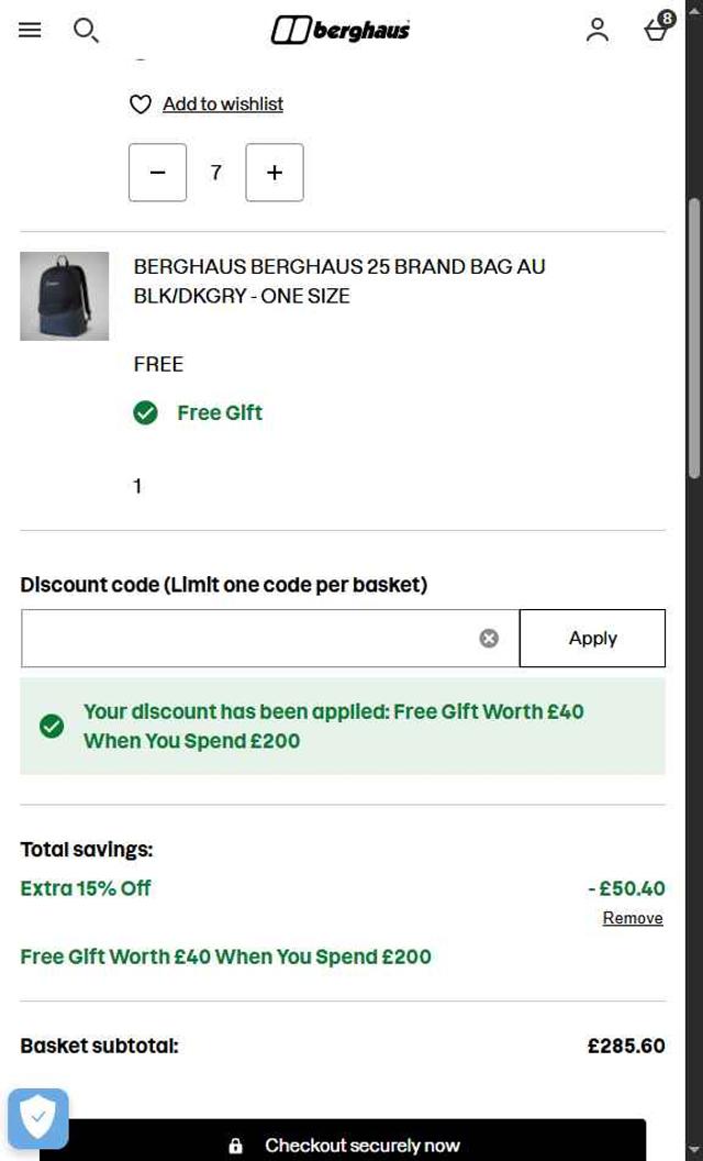 Berghaus checkout page showing Berghaus discount code box | Screenshot taken by SimplyCodes community member on Aug 25, 2025
