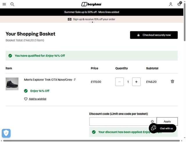 Berghaus checkout page showing Berghaus discount code box | Screenshot taken by SimplyCodes community member on Aug 16, 2025