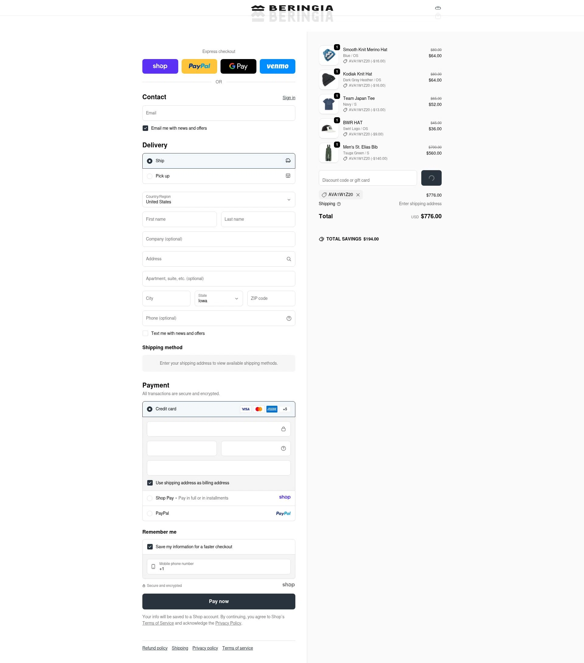 Beringia World checkout page showing Beringia World promo code box | Screenshot taken by SimplyCodes community member on Jan 3, 2026