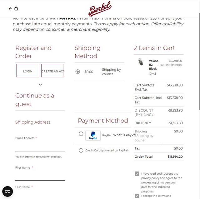 Berkel checkout page showing Berkel coupon code box | Screenshot taken by SimplyCodes community member on May 7, 2025