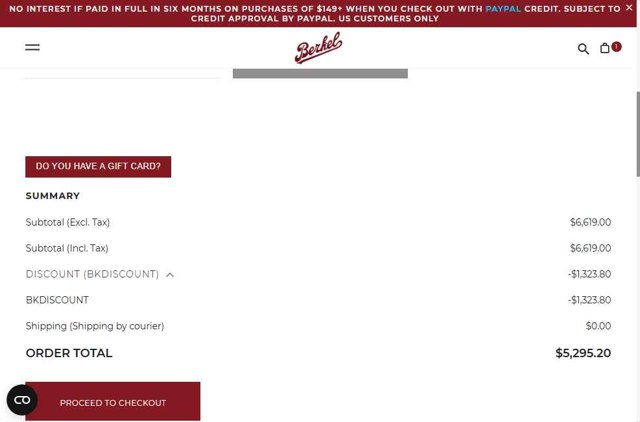 Berkel checkout page showing Berkel coupon code box | Screenshot taken by SimplyCodes community member on Jul 9, 2025