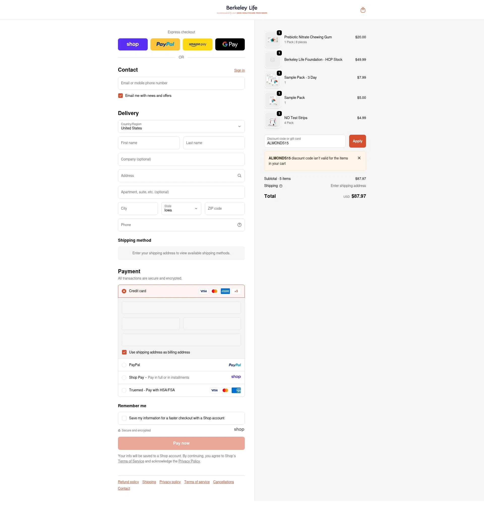 Berkeley Life checkout page showing Berkeley Life coupon code box | Screenshot taken by SimplyCodes community member on Dec 9, 2025