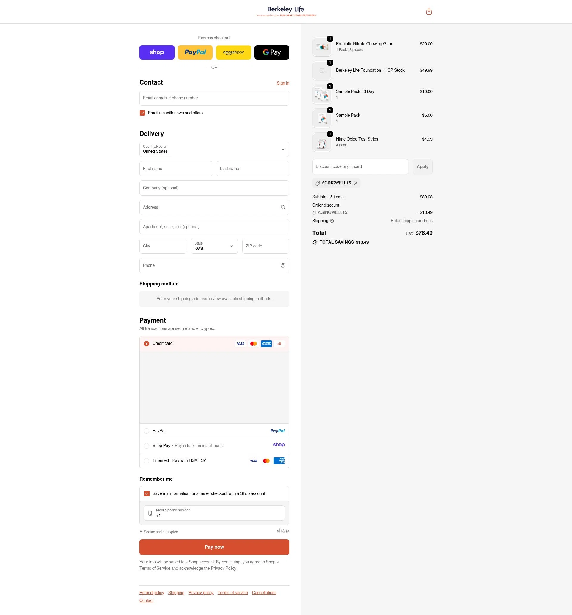 Berkeley Life checkout page showing Berkeley Life coupon code box | Screenshot taken by SimplyCodes community member on Nov 18, 2025