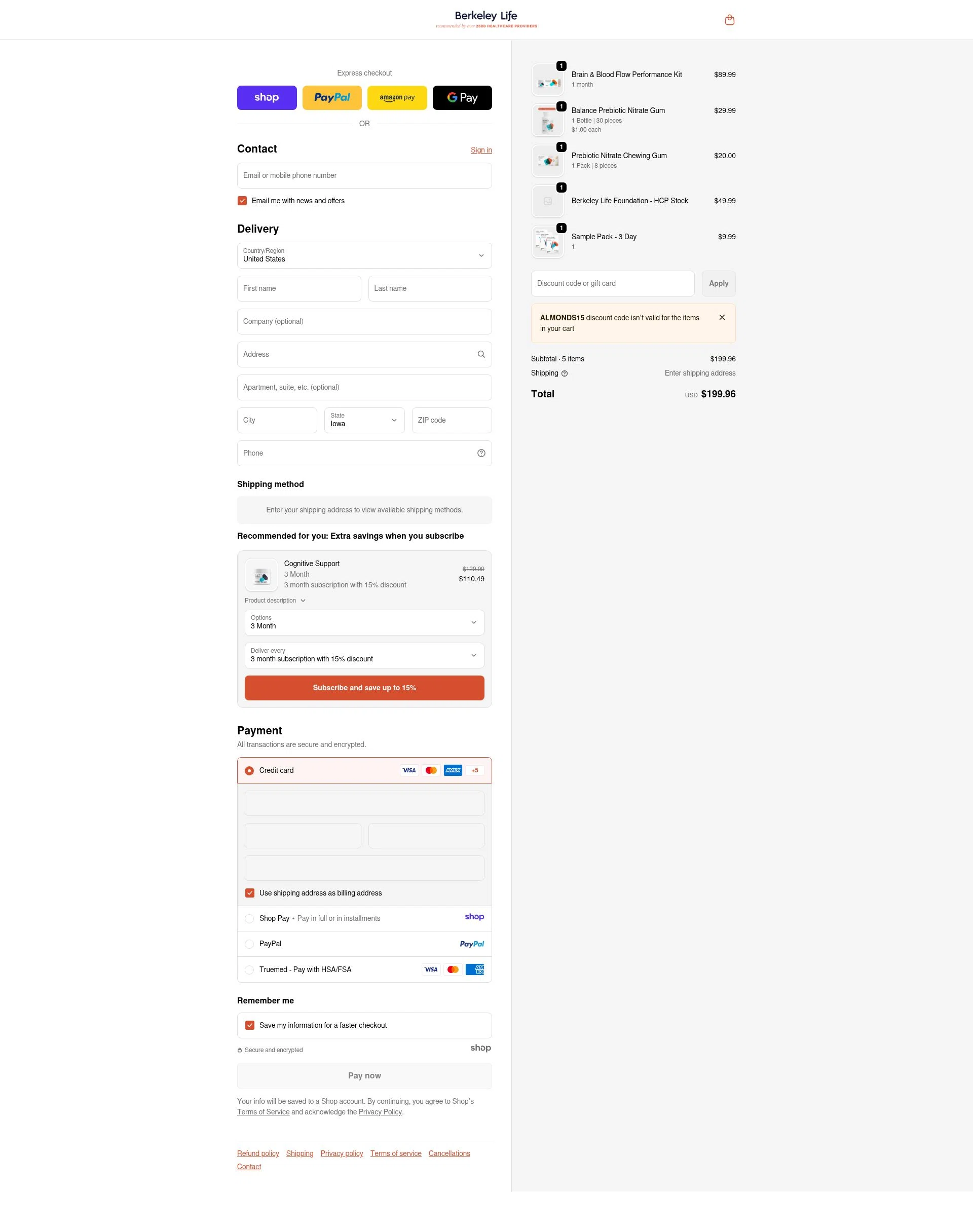 Berkeley Life checkout page showing Berkeley Life coupon code box | Screenshot taken by SimplyCodes community member on Dec 22, 2025