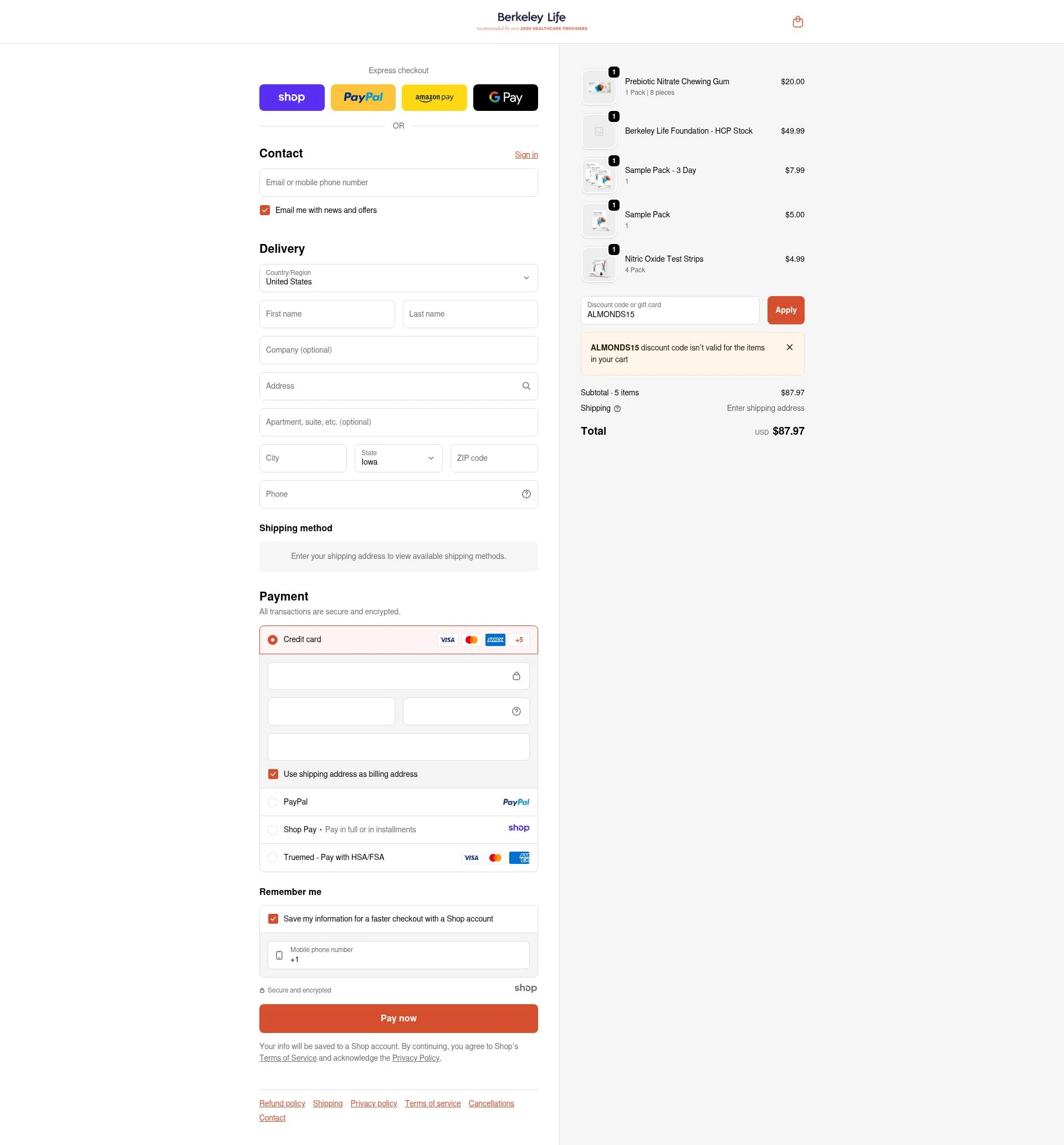 Berkeley Life checkout page showing Berkeley Life coupon code box | Screenshot taken by SimplyCodes community member on Dec 3, 2025