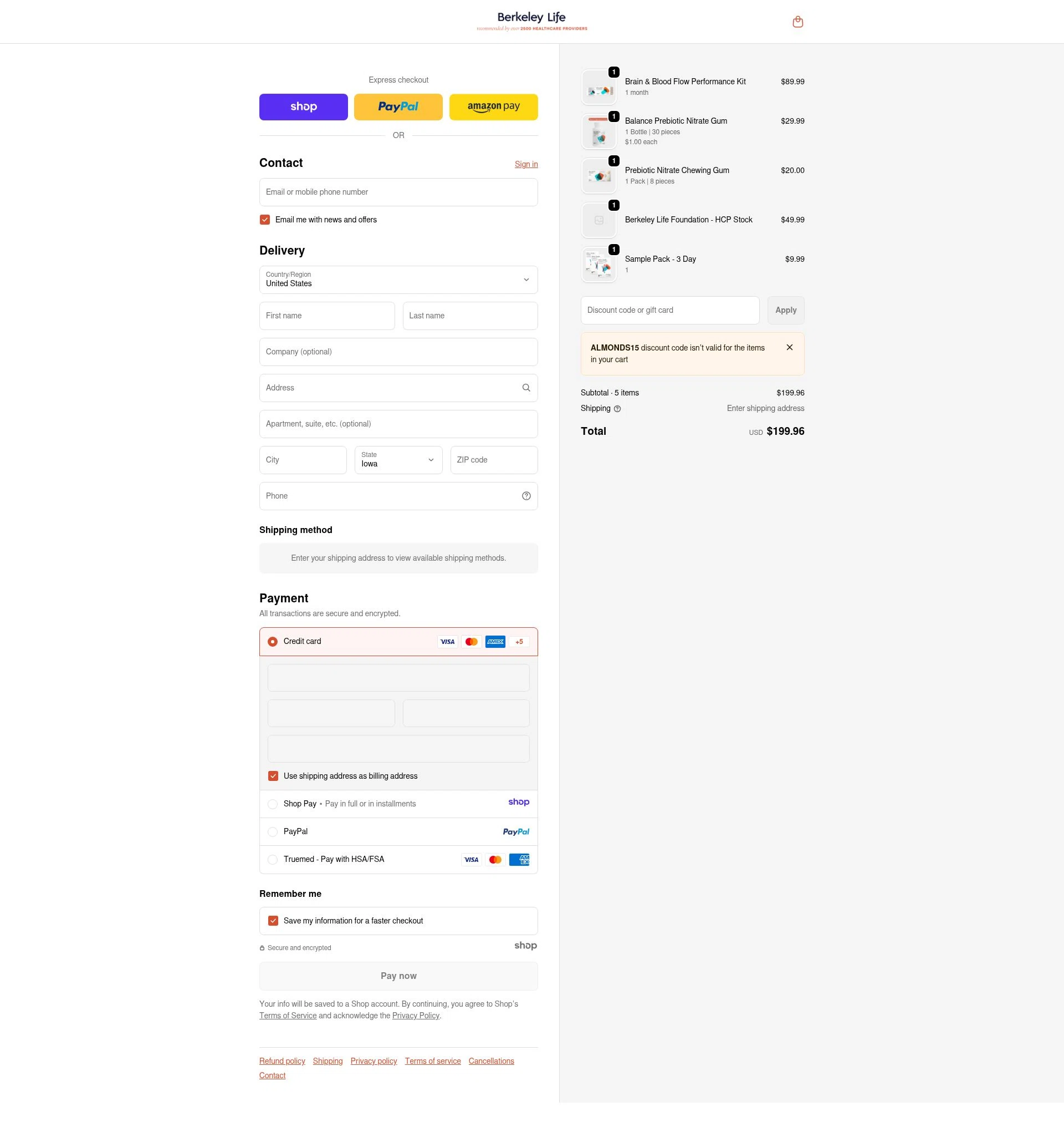 Berkeley Life checkout page showing Berkeley Life coupon code box | Screenshot taken by SimplyCodes community member on Jan 6, 2026