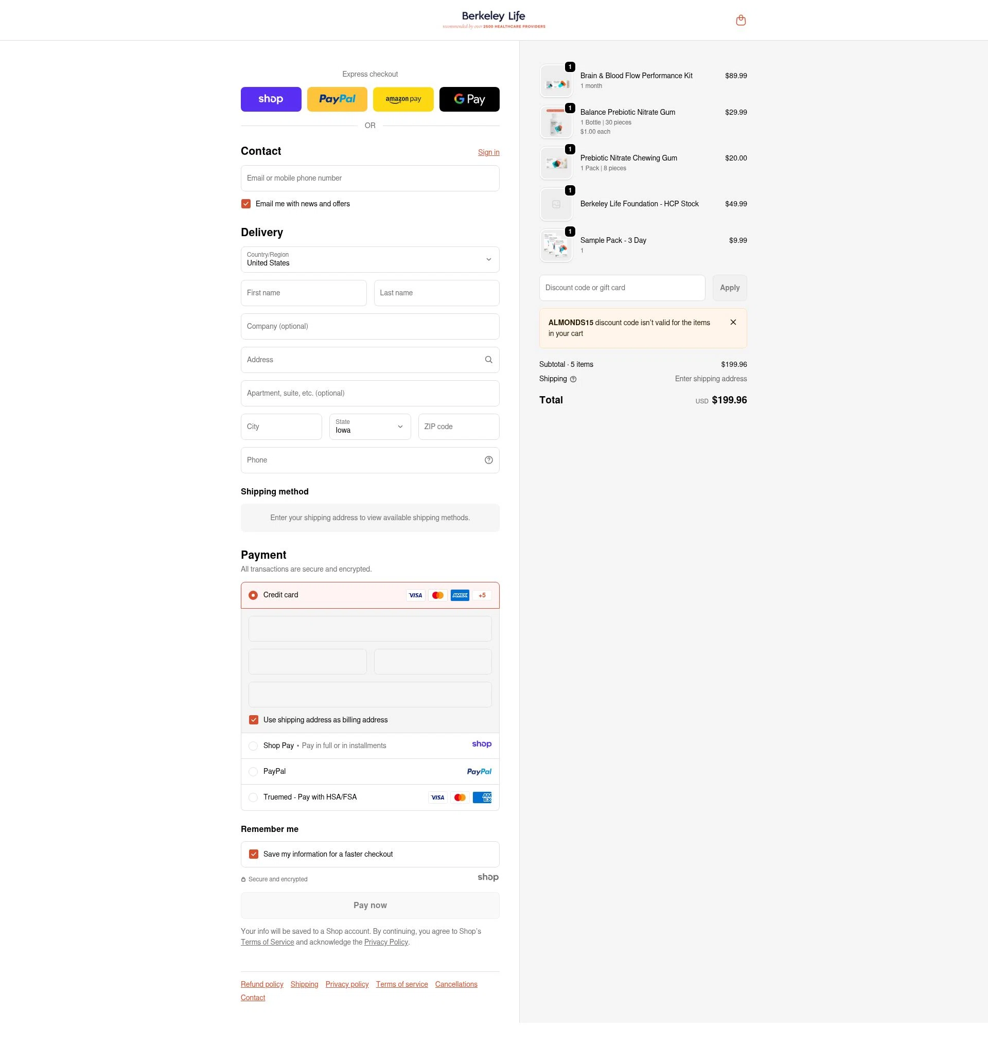 Berkeley Life checkout page showing Berkeley Life coupon code box | Screenshot taken by SimplyCodes community member on Dec 26, 2025