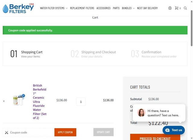Berkey Filters checkout page showing Berkey Filters coupon code box | Screenshot taken by SimplyCodes community member on Aug 3, 2025
