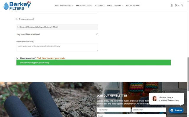 Berkey Filters checkout page showing Berkey Filters coupon code box | Screenshot taken by SimplyCodes community member on Jul 23, 2025