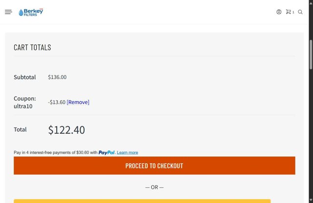 Berkey Filters checkout page showing Berkey Filters coupon code box | Screenshot taken by SimplyCodes community member on Aug 10, 2025