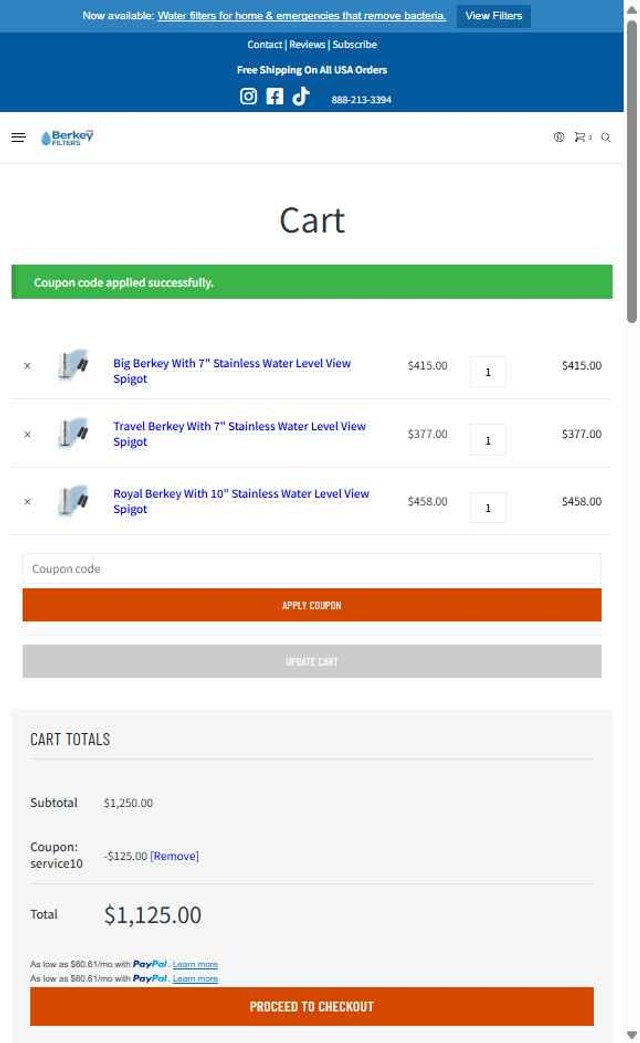 Berkey Filters checkout page showing Berkey Filters coupon code box | Screenshot taken by SimplyCodes community member on Aug 12, 2025
