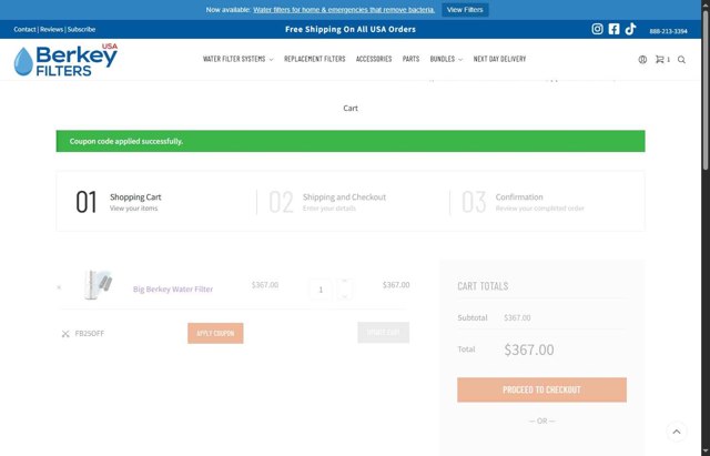 Berkey Filters checkout page showing Berkey Filters coupon code box | Screenshot taken by SimplyCodes community member on Aug 12, 2025