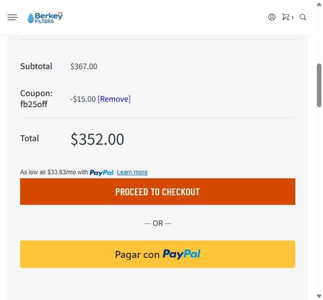 Berkey Filters checkout page showing Berkey Filters coupon code box | Screenshot taken by SimplyCodes community member on Aug 12, 2025