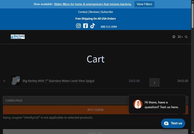 Berkey Filters checkout page showing Berkey Filters coupon code box | Screenshot taken by SimplyCodes community member on Jul 23, 2025