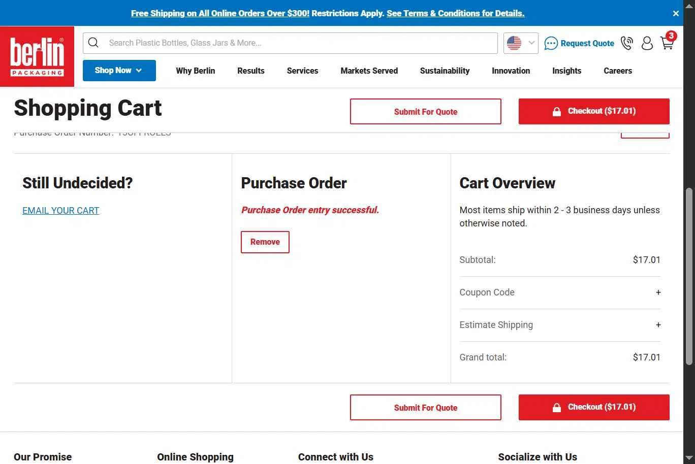 Berlin Packaging checkout page showing Berlin Packaging coupon code box | Screenshot taken by SimplyCodes community member on Jul 12, 2025