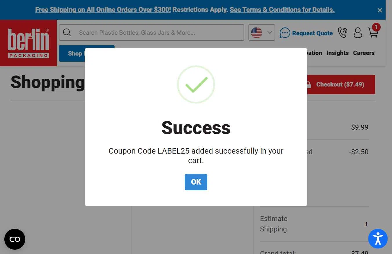 Berlin Packaging checkout page showing Berlin Packaging coupon code box | Screenshot taken by SimplyCodes community member on Sep 12, 2025
