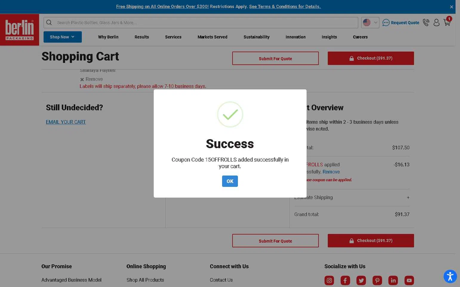 Berlin Packaging checkout page showing Berlin Packaging coupon code box | Screenshot taken by SimplyCodes community member on Jul 12, 2025