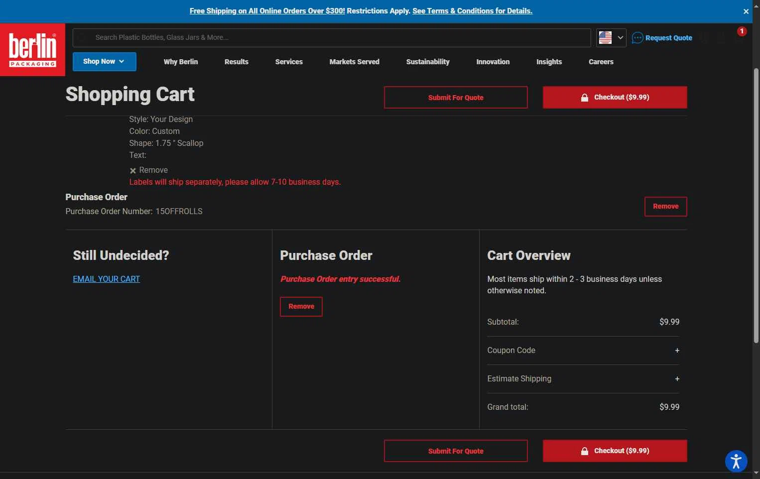 Berlin Packaging checkout page showing Berlin Packaging coupon code box | Screenshot taken by SimplyCodes community member on Jun 13, 2025