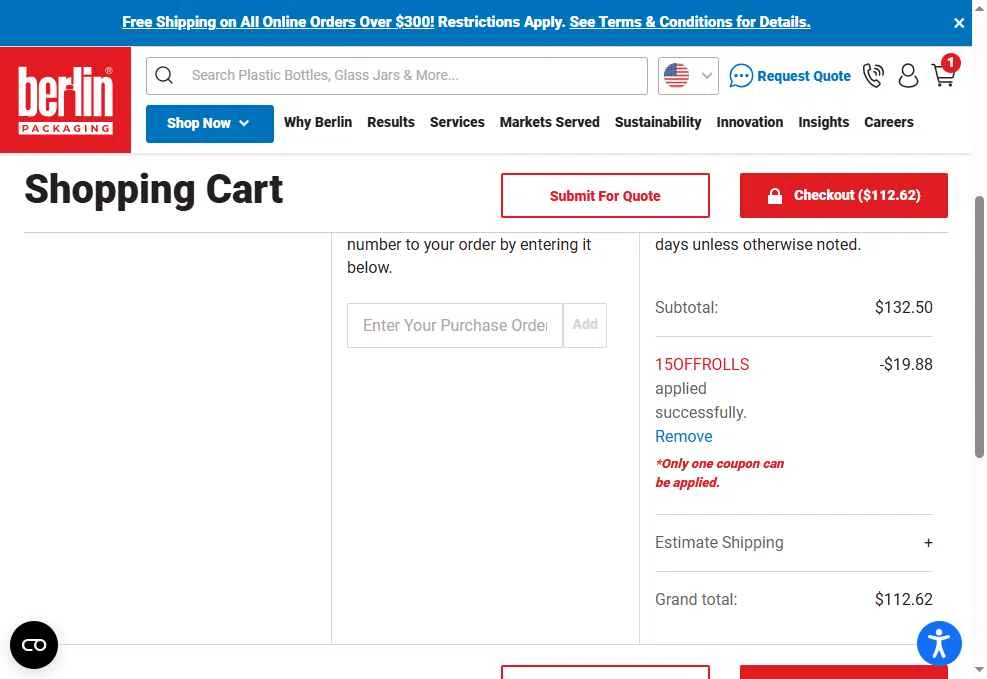 Berlin Packaging checkout page showing Berlin Packaging coupon code box | Screenshot taken by SimplyCodes community member on May 15, 2025