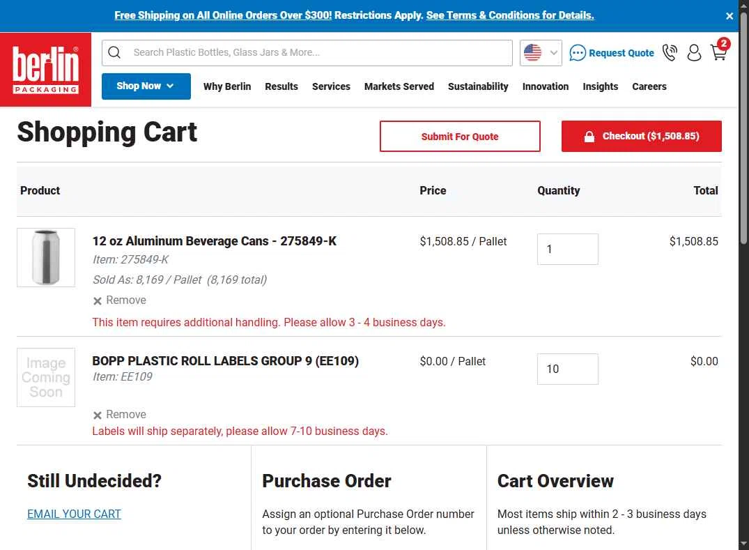 Berlin Packaging checkout page showing Berlin Packaging coupon code box | Screenshot taken by SimplyCodes community member on Jul 12, 2025