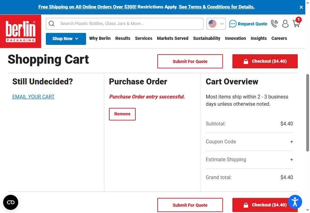 Berlin Packaging checkout page showing Berlin Packaging coupon code box | Screenshot taken by SimplyCodes community member on May 21, 2025
