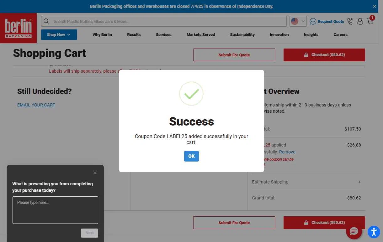 Berlin Packaging checkout page showing Berlin Packaging coupon code box | Screenshot taken by SimplyCodes community member on Jul 2, 2025