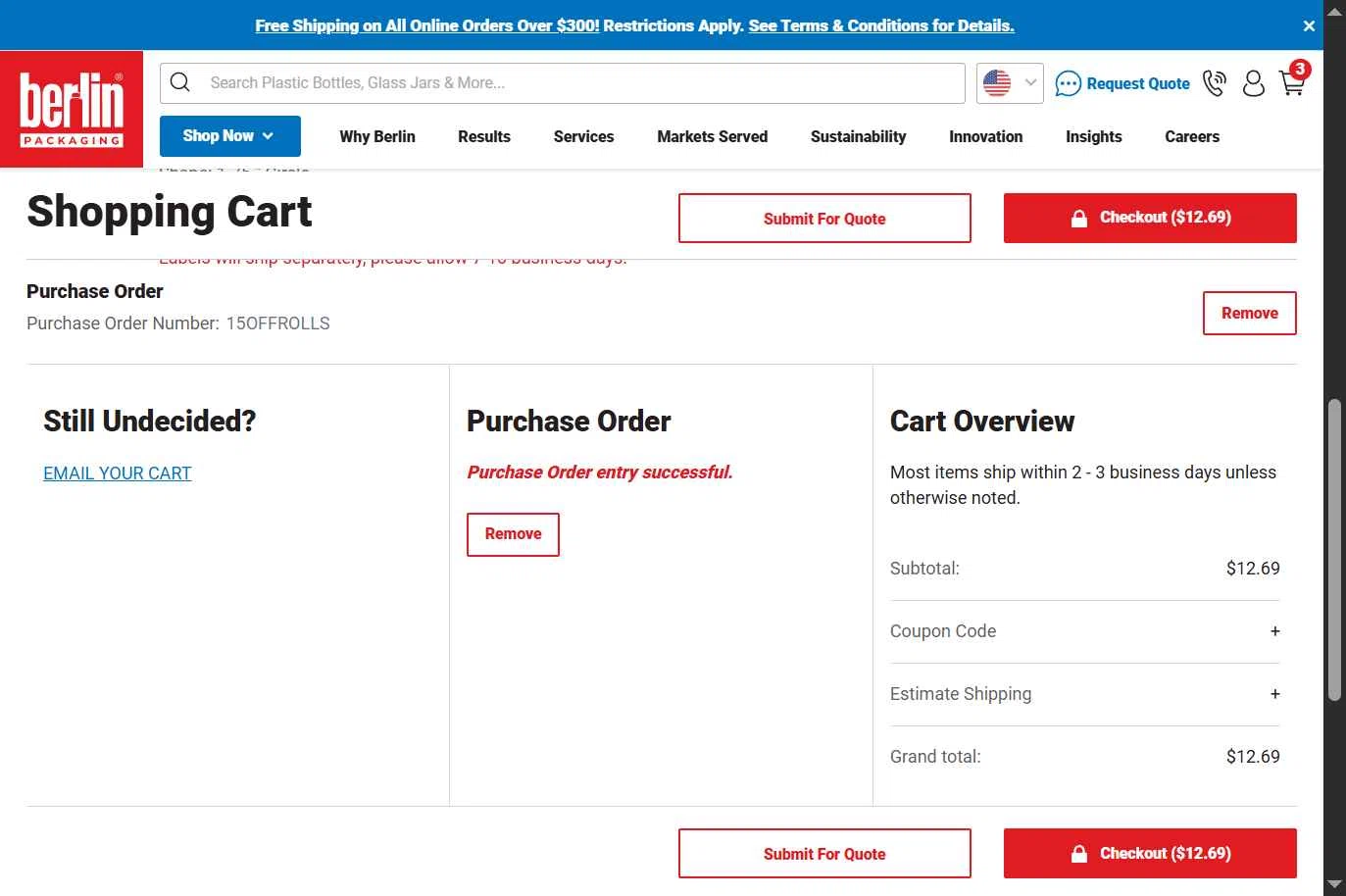 Berlin Packaging checkout page showing Berlin Packaging coupon code box | Screenshot taken by SimplyCodes community member on May 15, 2025